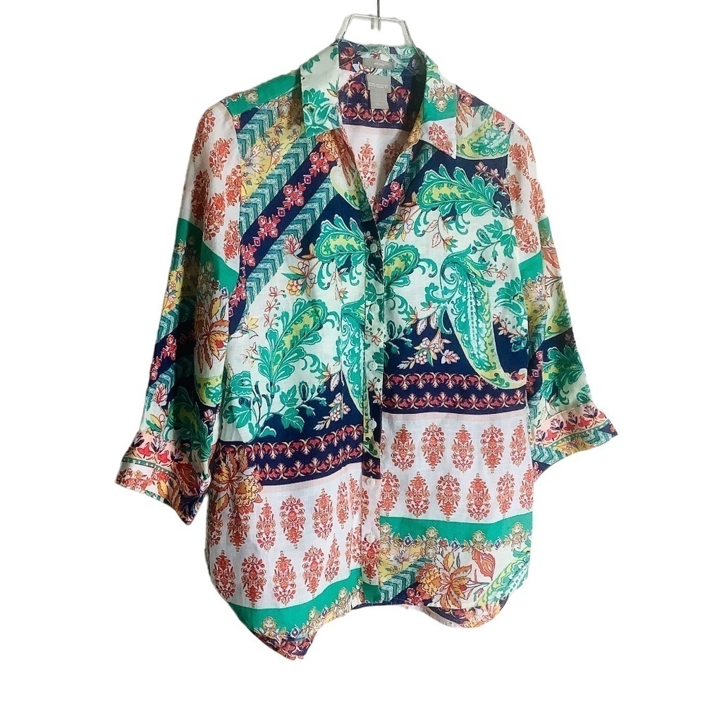 Chico's‎ No Iron Linen Paisley Shirt 3/4 Sleeves - Picture 14 of 16